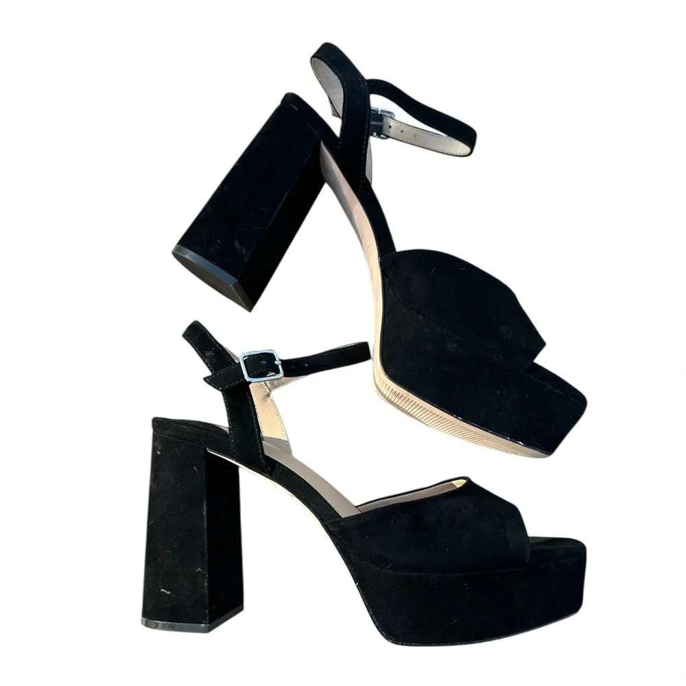 ​Antonio Melani Black Suede Platform Block Heels Ankle Strap Sandals Size 10